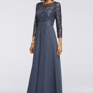 sequin lace long chiffon dress with 3/4 sleeves MSRP $239